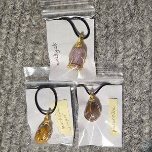 3 wire wrapped gemstone/crystal pendants, 3 different stones, 18 inch cords, new
